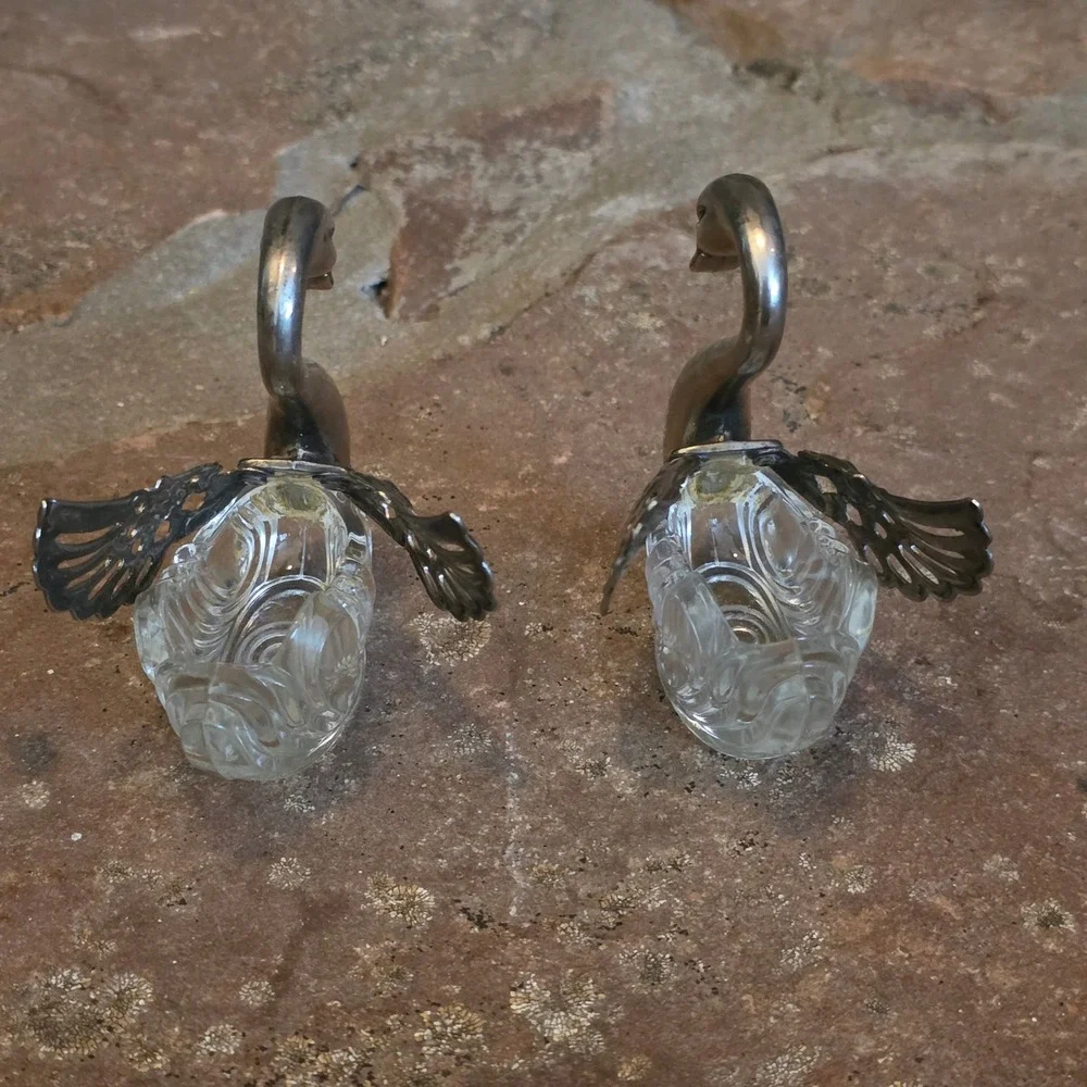 Vintage Italian Swan Salt Cellars Glass Plated Silver Hinged Wings Pair  trinket